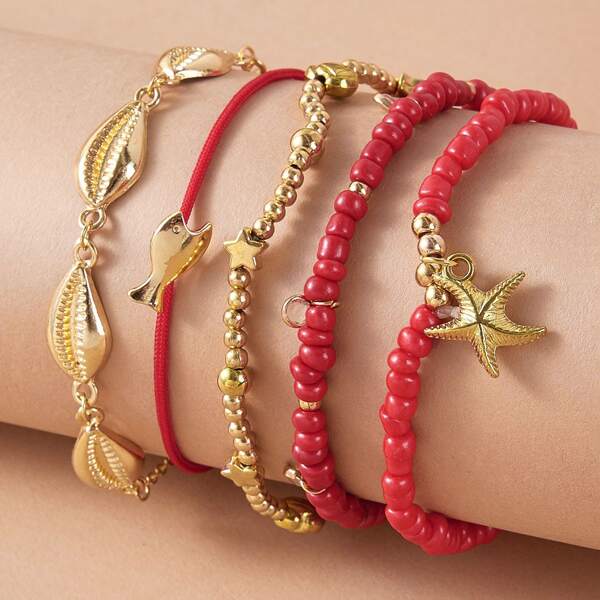 

5pcs Shell & Star Decor Beaded Anklet, Multicolor