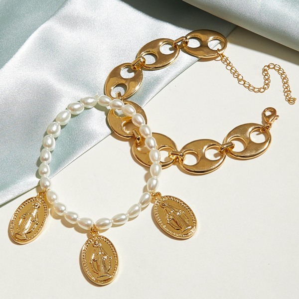 

2pcs Coin Charm Faux Pearl Beaded Bracelet Set, Multicolor
