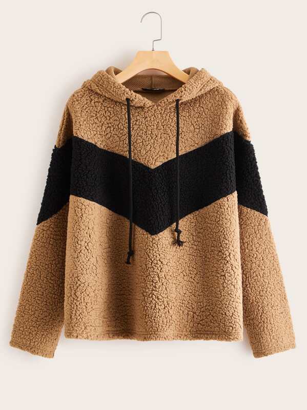 

Chevron Color Block Teddy Drawstring Hoodie, Camel