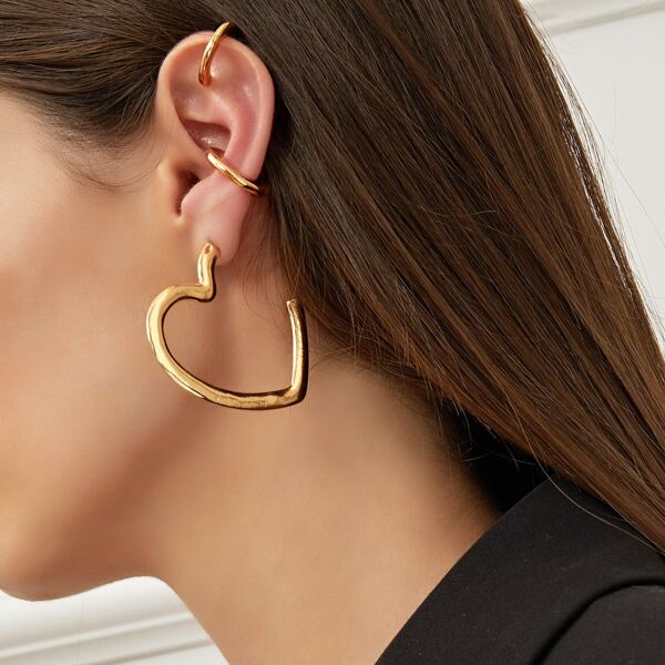 

Heart Cuff Hoop Earrings 2pairs, Gold