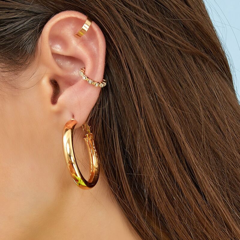 Rhinestone Decor Ear Clip & Hoop Earrings Set 3pcs, Gold