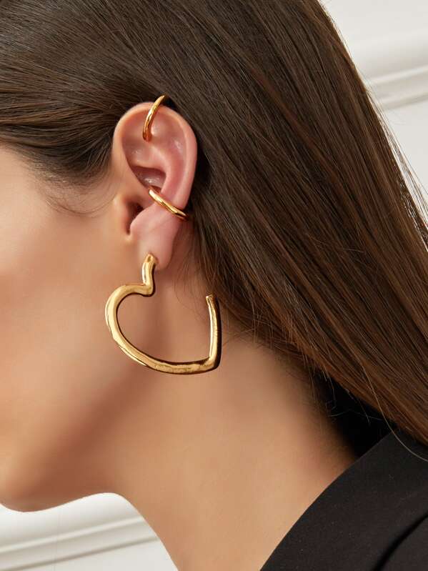 

Heart Cuff Hoop Earrings 2pairs, Gold