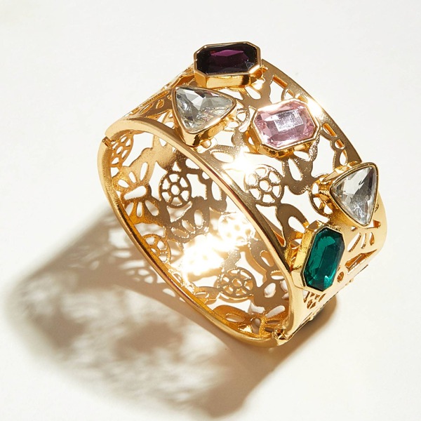 

1pc Gemstone Decor Hollow Out Wide Bracelet, Gold