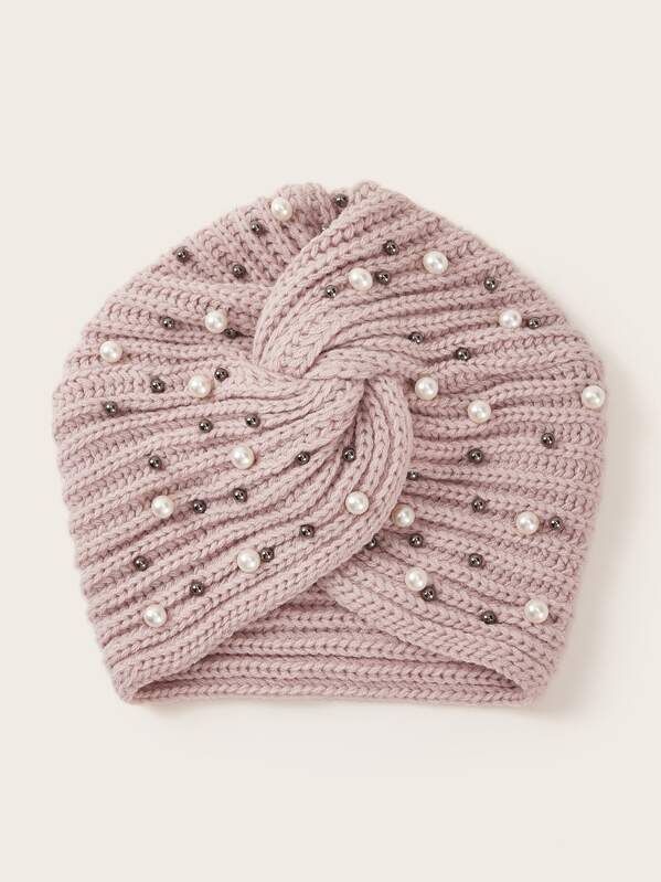 

Faux Pearl & Bead Decor Turban Hat, Pink