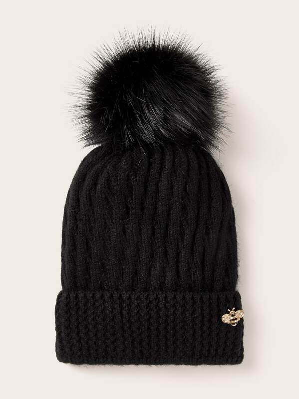 

Bee Decor Knit Cuffed Beanie, Black