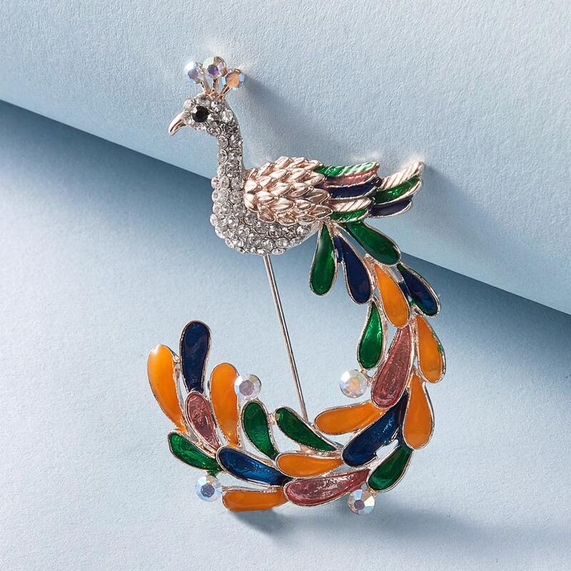 

1pc Rhinestone Engraved Peacock Shaped Brooch, Multicolor