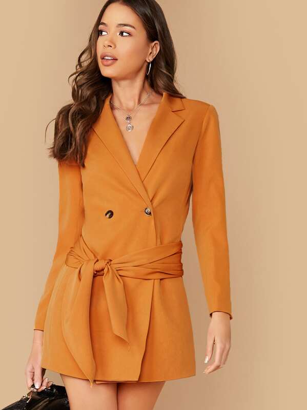 

Notch Collar Double Button Belted Blazer, Orange, Julia Peres