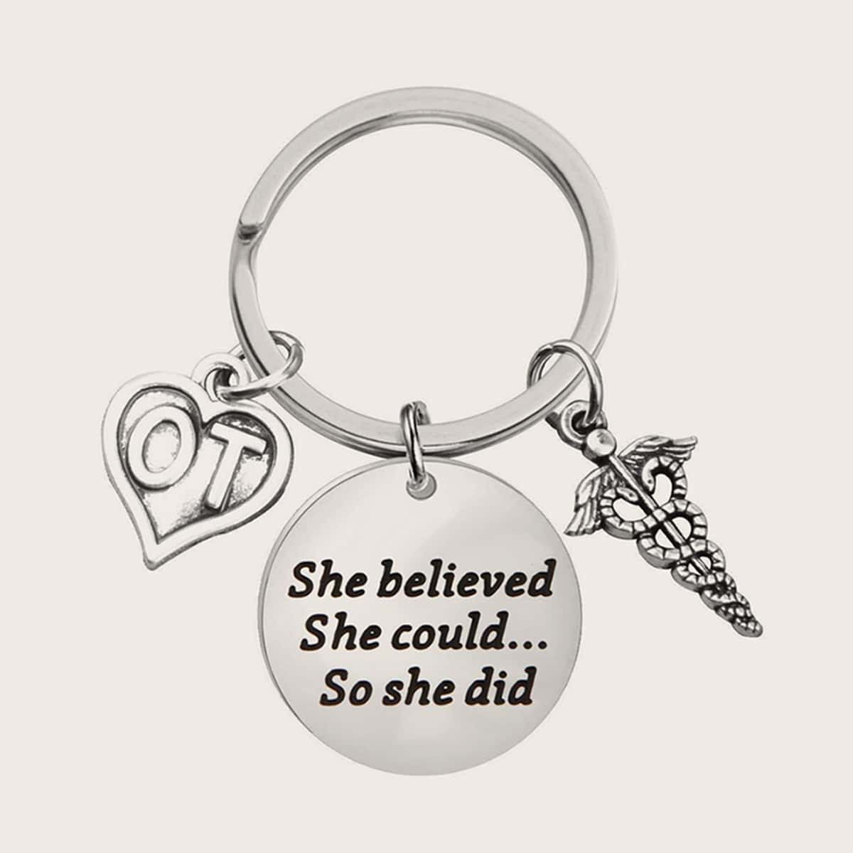 

Slogan Engraved Charm Keychain, Silver