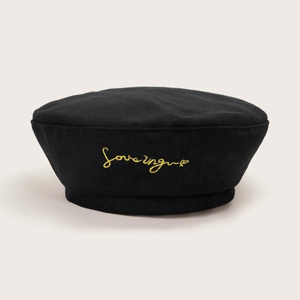 

Letter Embroidery Beret, Black