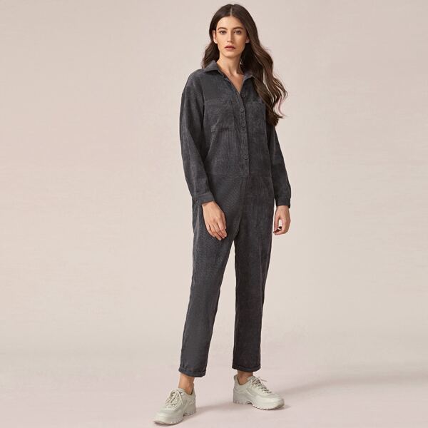 

Patch Pocket Corduroy Shirt Jumpsuit Without Belt, Grey