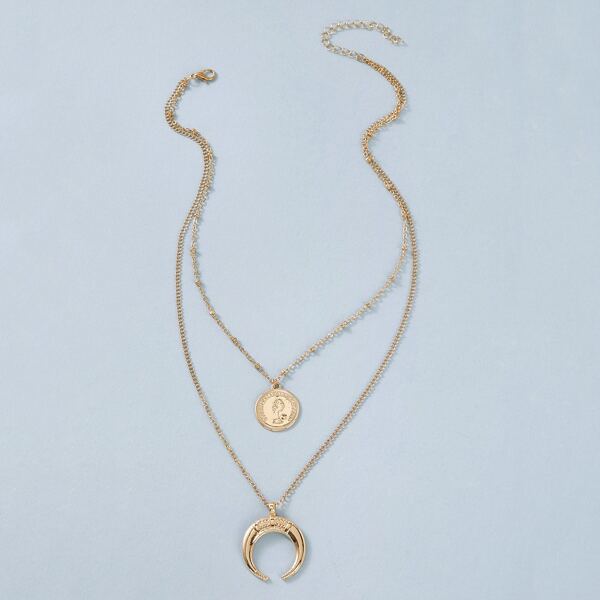 

1pc Moon & Coin Charm Layered Necklace, Gold