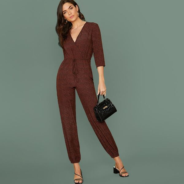 

Surplice Neck Drawstring Waist All-over Print Jumpsuit, Burgundy