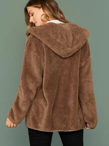 SHEIN 前開式絨毛連帽外套 - 咖啡棕 - 查看 2