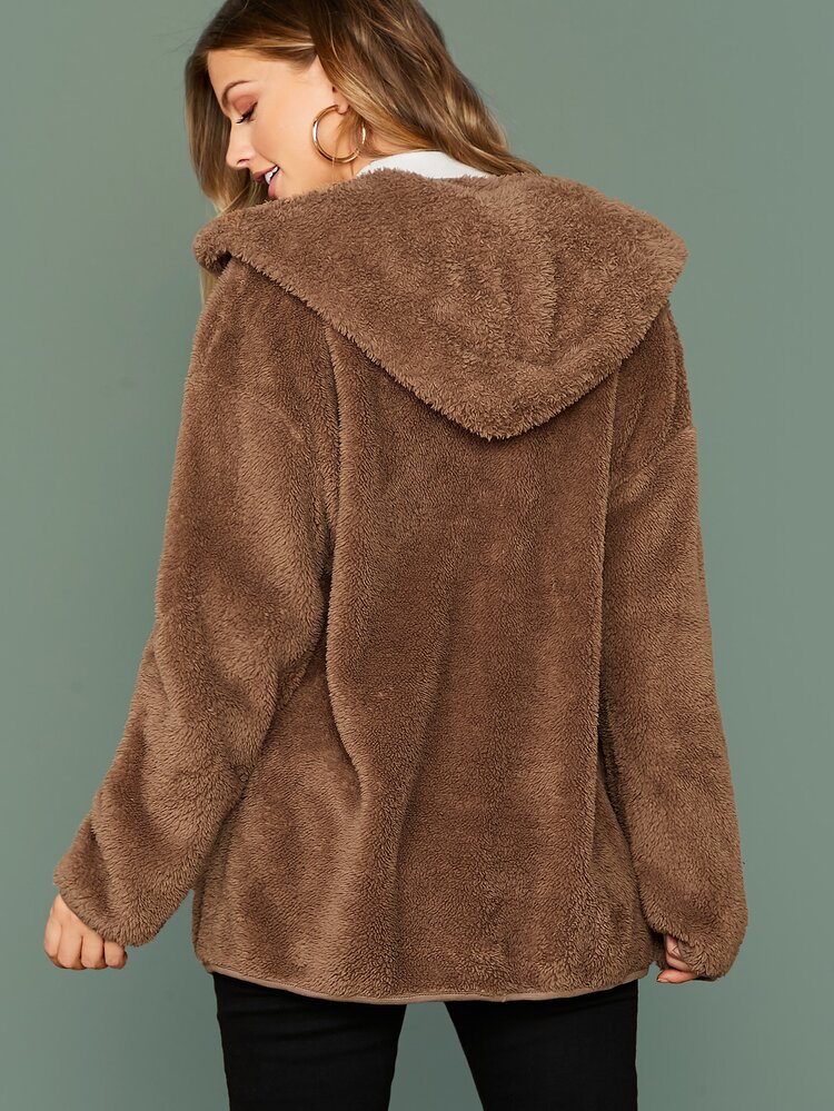 SHEIN 前開式絨毛連帽外套 - 咖啡棕 - 查看 2