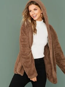 SHEIN 前開式絨毛連帽外套 - 咖啡棕 - 查看 3
