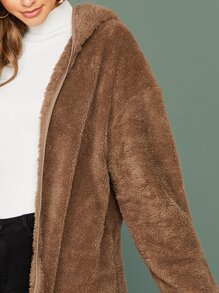 SHEIN 前開式絨毛連帽外套 - 咖啡棕 - 查看 4