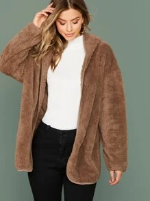 SHEIN 前開式絨毛連帽外套 - 咖啡棕 - 查看 1