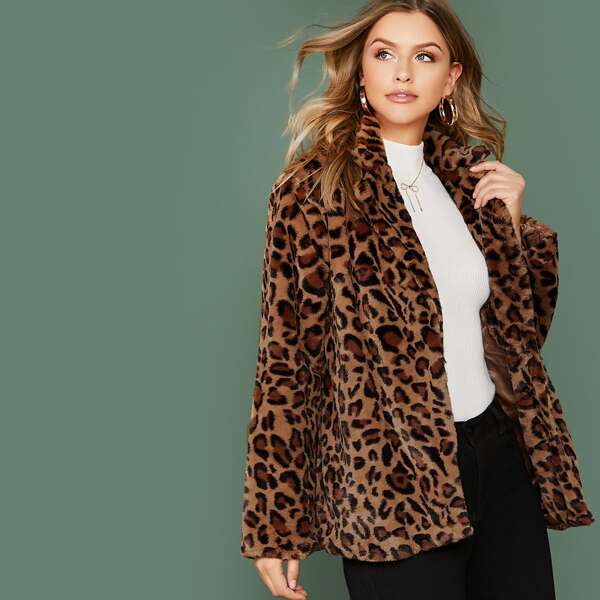 

Notch Collar Leopard Print Faux Fur Coat, Multicolor