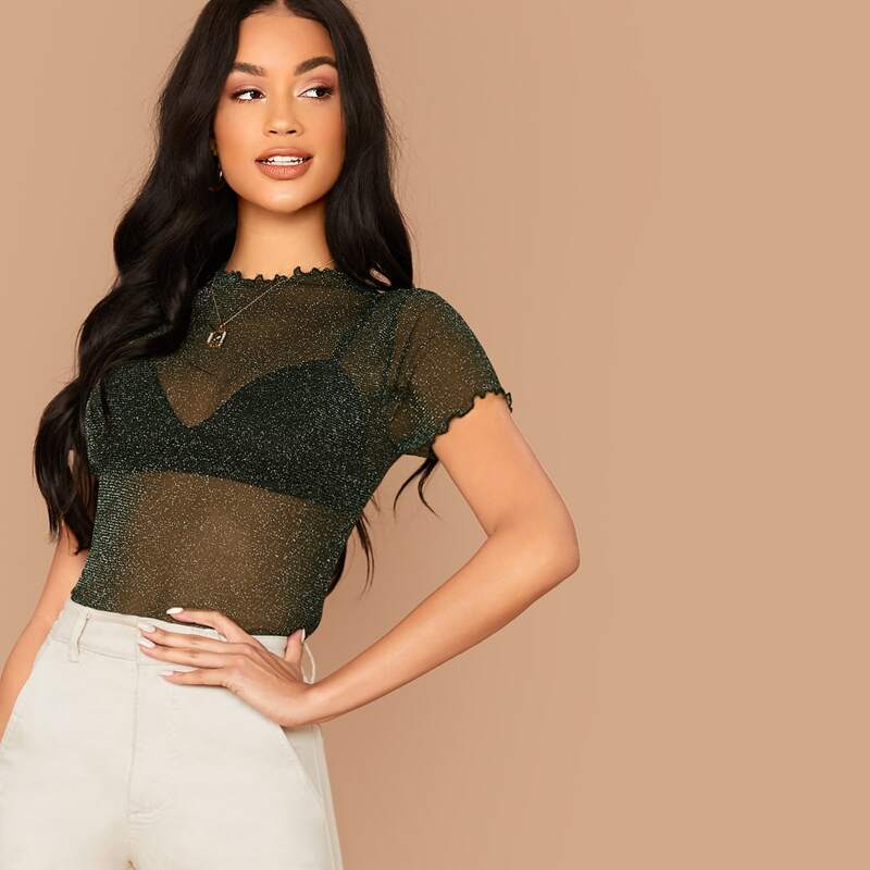

Lettuce Trim Glitter Sheer Top Without Bra, Army green
