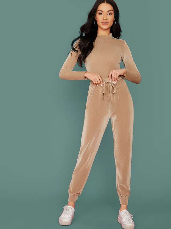 

Solid Rib-knit Velvet Top & Drawstring Waist Pants Set, Camel, Juliette