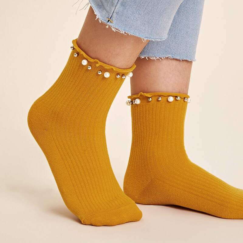 

1pair Faux Pearl & Bead Decor Socks, Yellow