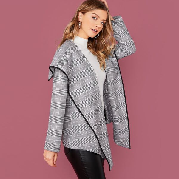 

Binding Trim Waterfall Collar Glen Plaid Print Coat, Grey