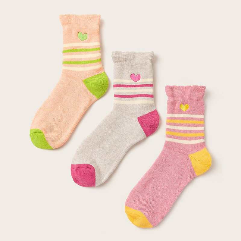 

3pairs Heart Embroidery Socks, Multicolor