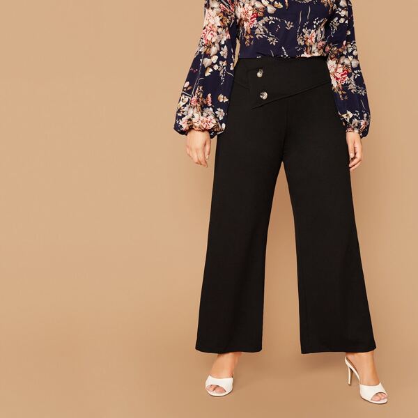 

Plus Button Front Wide Leg Pants, Black