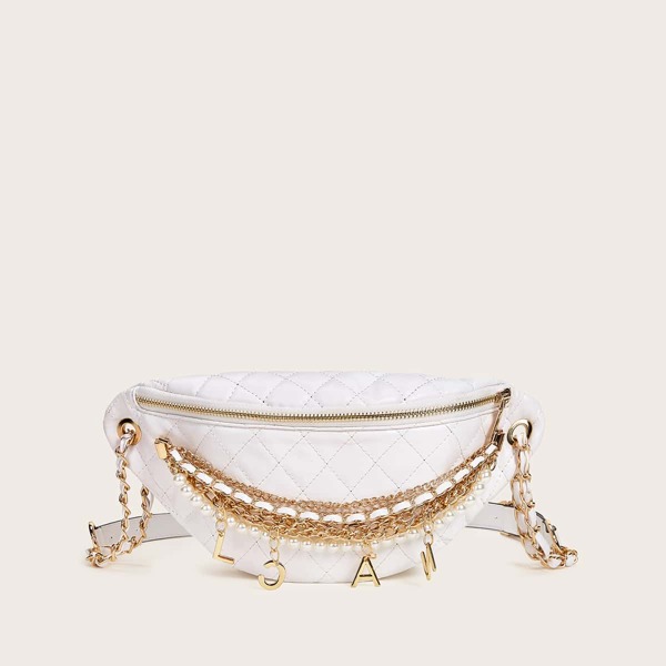

Faux Pearl & Chain Decor Quilted Fanny Pack, White