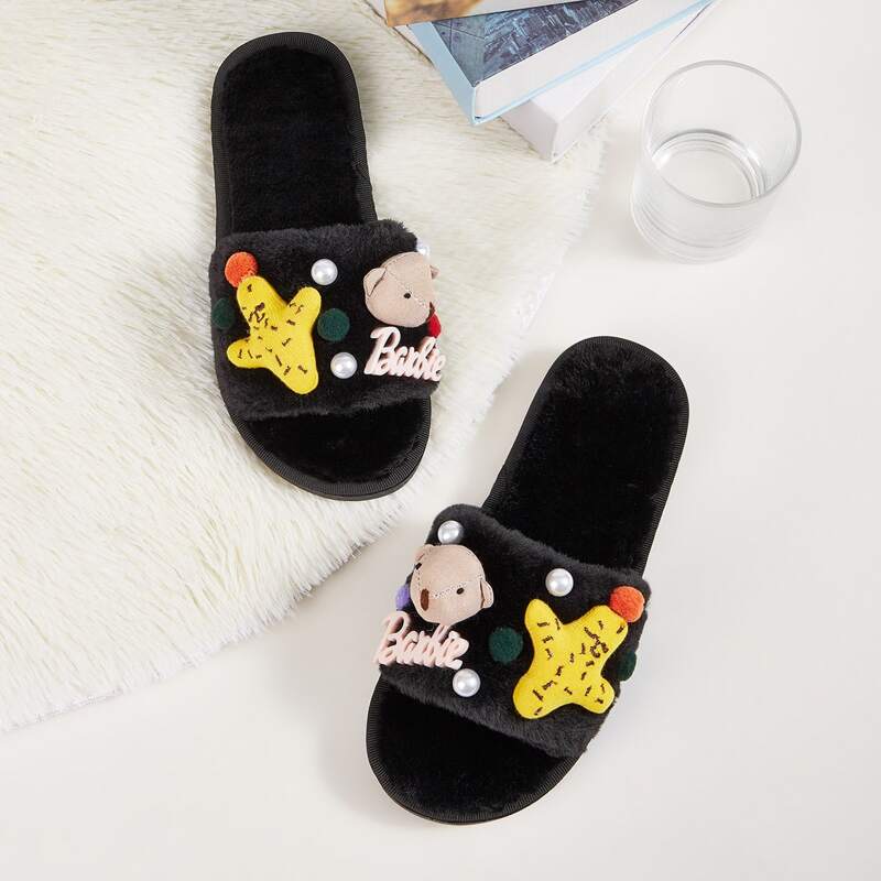 

Faux Pearl & Pom Pom Decor Slippers, Black