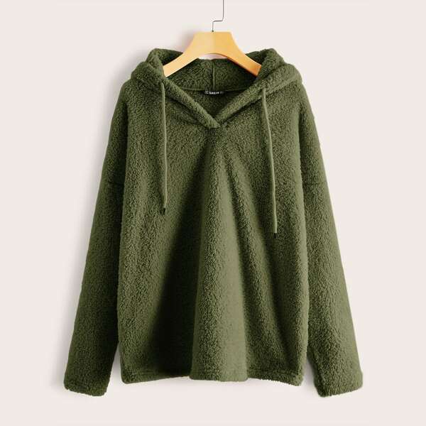 

Drawstring Detail Teddy Hoodie, Army green