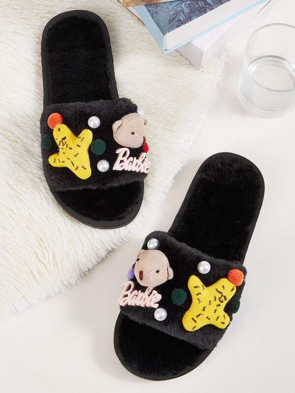 Faux Pearl & Pom Pom Decor Slippers, Black
