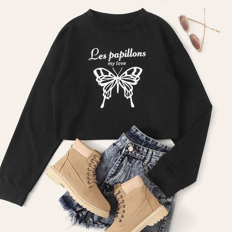 

Drop Shoulder Butterfly Print Pullover, Black