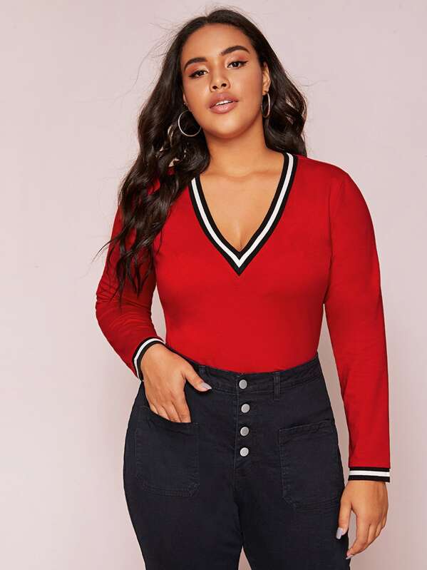 

Plus Contrast Striped Trim Fitted Tee, Red, Emilie