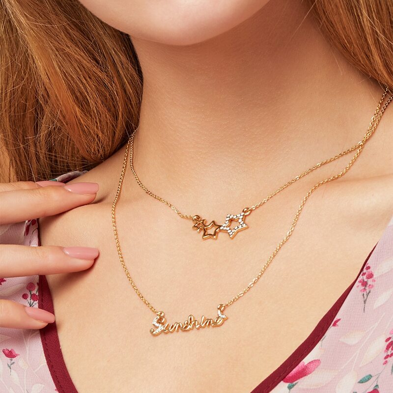 

2pcs Rhinestone Star & Letter Chain Necklace, Gold