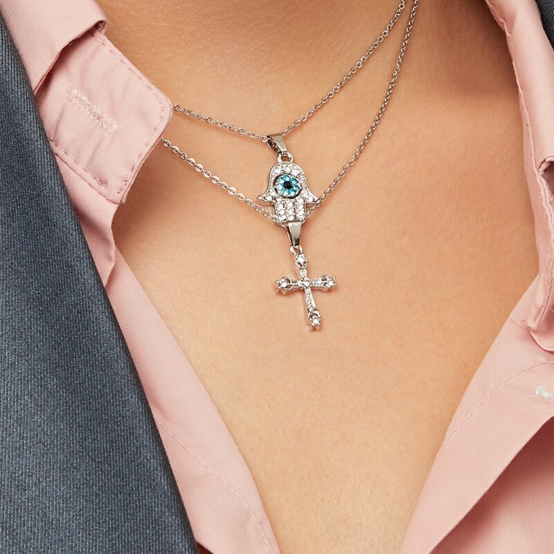 

2pcs Cross & Hand Of Fatima Chain Necklace, Silver
