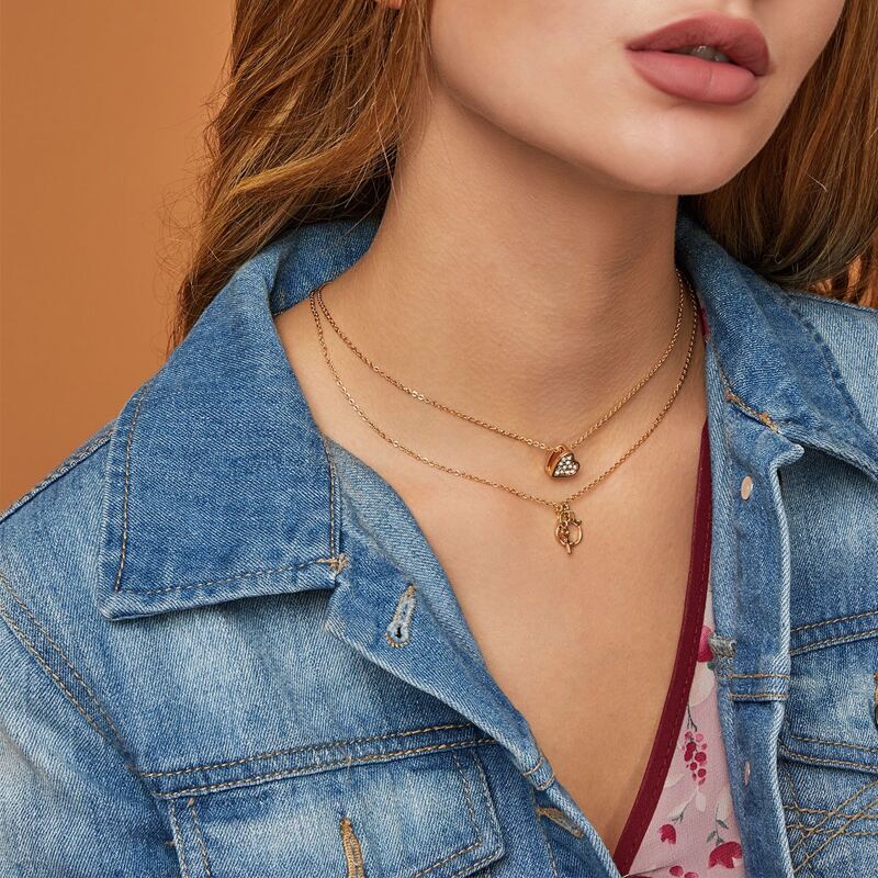 

2pcs Rhinestone Heart & Lock Chain Necklace, Gold