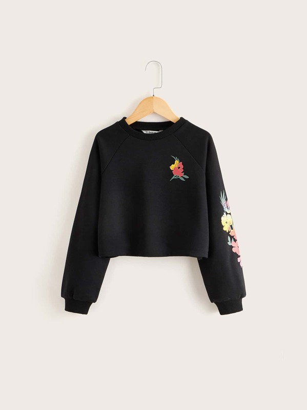 

Girls Flower Print Raglan Sleeve Pullover, Black