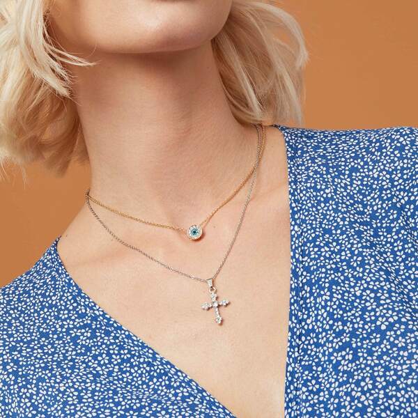 

2pcs Rhinestone Cross Chain Necklace, Multicolor