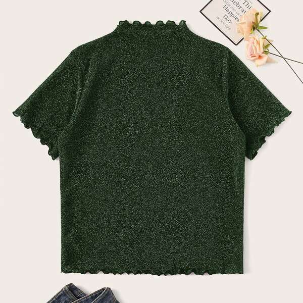 

Mock Neck Lettuce Trim Glitter Top, Green