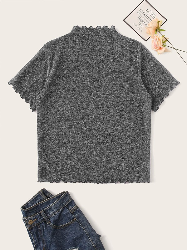 

Mock-neck Lettuce Trim Glitter Tee, Grey