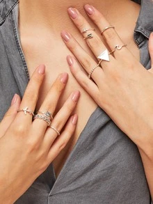 9入組花卉和葉子造型戒指 - 銀色 - 查看 4