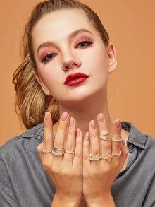 9入組花卉和葉子造型戒指 - 銀色 - 查看 6