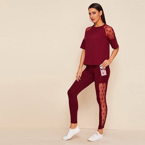 

Star Mesh Insert Raglan Sleeve Top & Leggings Set, Burgundy
