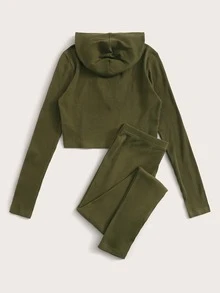 SHEIN 素色蕾絲上羅紋針織連帽t恤和褲子套裝 - 軍綠色 - 查看 2