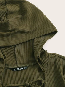 SHEIN 素色蕾絲上羅紋針織連帽t恤和褲子套裝 - 軍綠色 - 查看 3