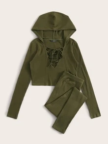 SHEIN 素色蕾絲上羅紋針織連帽t恤和褲子套裝 - 軍綠色 - 查看 5