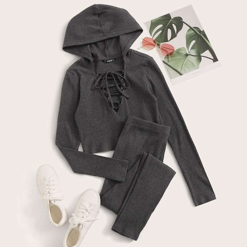 

Solid Lace Up Rib-knit Hoodie & Leggings Set, Grey