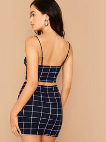 SHEIN 格紋吊帶上衣和開衩下擺緊身半身裙套裝 - 藏蓝色 - 查看 2