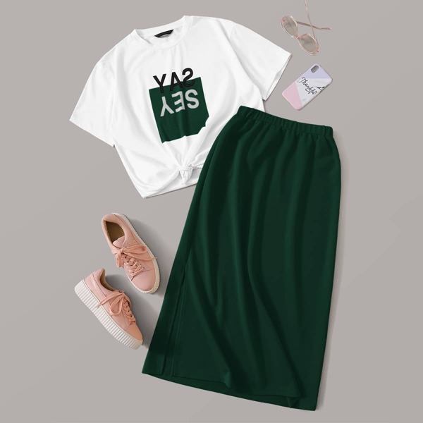 

Slogan Graphic Tee & Slit Side Skirt Set, Multicolor